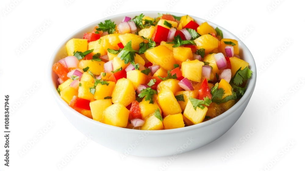 A bowl of vibrant mango salsa with diced mango, red bell pepper, red onion A bowl of vibrant mango salsa with diced mango, red bell pepper, red onion