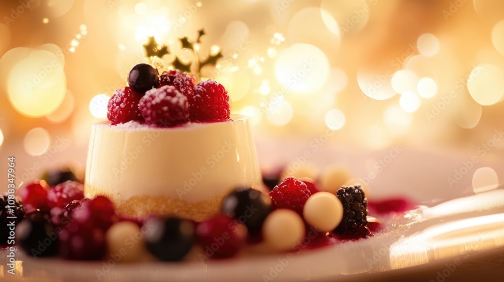 Elegant gourmet Christmas cake adorned with fresh mixed berries and sparkling lights, artistically presented on a plate with soft bokeh background. Elegant gourmet Christmas cake adorned with fresh mixed berries and sparkling lights, artistically presented on a plate with soft bokeh background.
