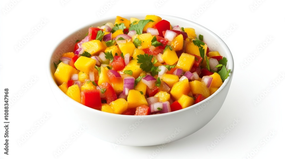 A bowl of vibrant mango salsa with diced mango, red bell pepper, red onion A bowl of vibrant mango salsa with diced mango, red bell pepper, red onion