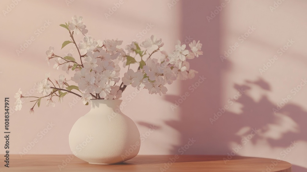 Sakura flower arrangement in a simple white vase on a wooden table, in front of a softly lit pink wall casting gentle shadows. Sakura flower arrangement in a simple white vase on a wooden table, in front of a softly lit pink wall casting gentle shadows.