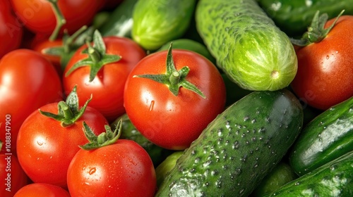 Fresh ripe tomatoes and crisp cucumbers arranged together with droplets of water, showcasing vibrant colors and textures in a store setting.