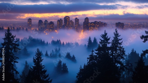 Enchanted misty evergreen forests blending with city skyline shrouded in fog during twilight, creating a mystical atmosphere.