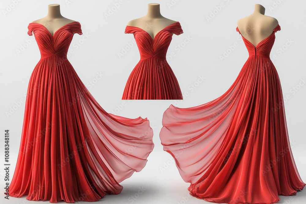 Red chiffon dress blowing in the wind against a dramatic sunset sky, creating a stunning silhouette. Red chiffon dress blowing in the wind against a dramatic sunset sky, creating a stunning silhouette.