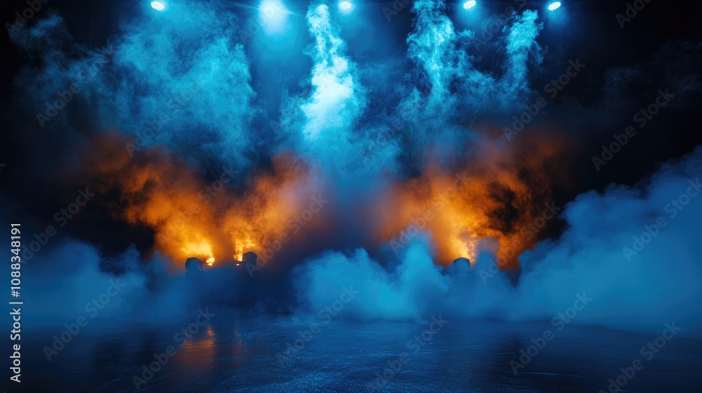 custom made wallpaper toronto digitalIlluminated stage with dramatic blue and orange smoke, fog effects, and vibrant searchlight beams creating a mesmerizing night atmosphere.