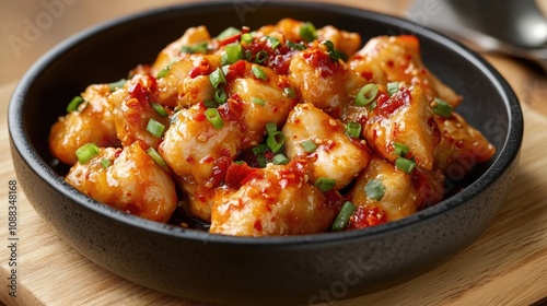 Spicy chicken dumplings tossed in a vibrant chili sauce, garnished with fresh green onions, served in a sleek black bowl on a rustic wooden surface.