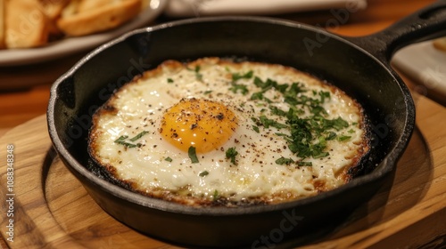 Perfectly Cooked Egg with a Golden Yolk and Fresh Chives in a Cast Iron Skillet on a Wooden Board with Toast in the Background