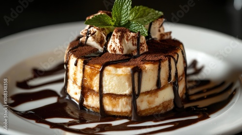 Delicious tiramisu dessert elegantly layered with cocoa, adorned with mint leaves, and generously drizzled with rich chocolate sauce on a white plate. photo