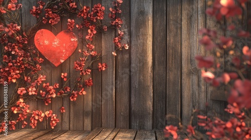 Valentine's Day themed heart decoration surrounded by blooming flowers against a rustic wooden background with warm lighting.