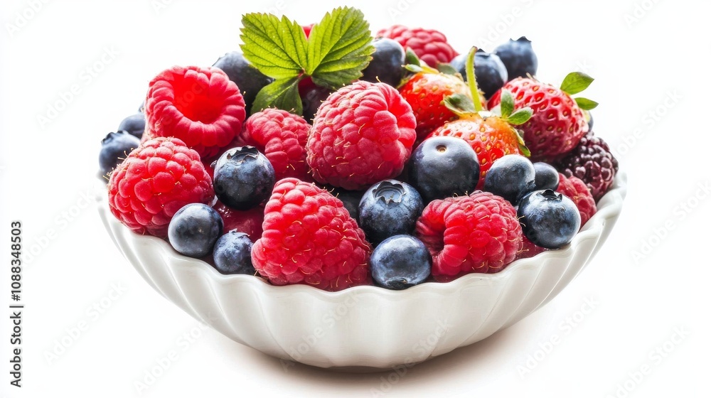 A bowl of vibrant mixed berries, Including succulent raspberries, plump blueberries A bowl of vibrant mixed berries, Including succulent raspberries, plump blueberries