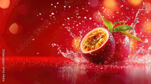 Ripe passionfruit halves surrounded by dynamic water splashes, set against a vivid red background with sparkling bokeh lights.