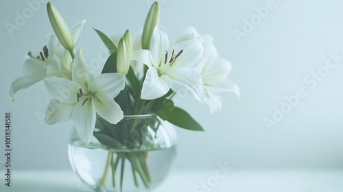 A serene arrangement of white lilies in a glass vase, symbolizing purity and beauty.