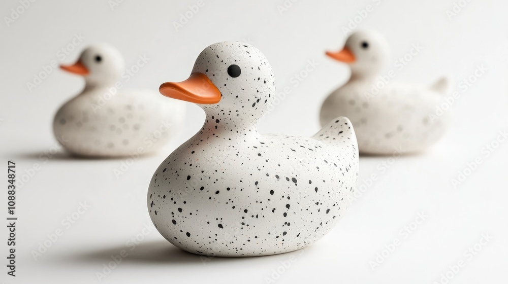 Set of three speckled plastic ducks with orange beaks, displayed against a soft white background highlighting their playful design. Set of three speckled plastic ducks with orange beaks, displayed against a soft white background highlighting their playful design.