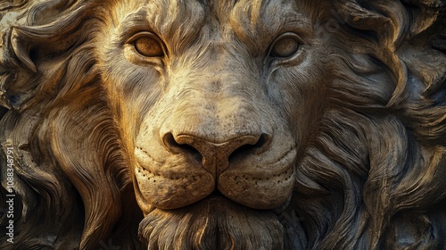 Majestic Close-Up of a Lion's Face Showcasing Strength and Regal Features in Detailed Religious Artistry