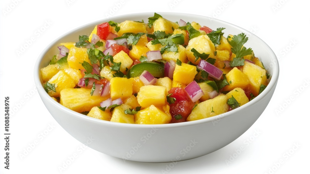 A bowl of vibrant tropical fruit salsa with diced mango, pineapple, red onion A bowl of vibrant tropical fruit salsa with diced mango, pineapple, red onion