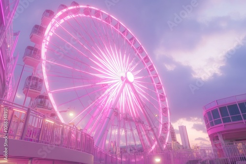 A vibrant pink Ferris wheel against a colorful sunset sky, creating a whimsical atmosphere. photo