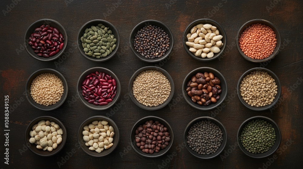 Variety of raw legumes arranged in bowls from an overhead perspective on a dark wooden surface showcasing an assortment of colors and textures. Variety of raw legumes arranged in bowls from an overhead perspective on a dark wooden surface showcasing an assortment of colors and textures.