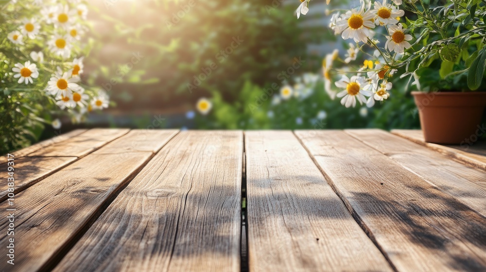 Rustic wooden kitchen table bathed in sunlight, surrounded by blooming daisies, perfect for spring and summer gatherings. Rustic wooden kitchen table bathed in sunlight, surrounded by blooming daisies, perfect for spring and summer gatherings.