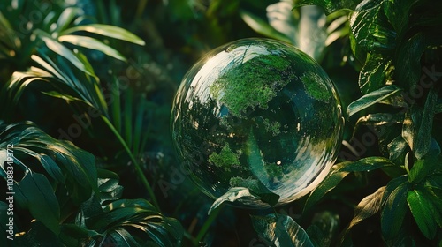 Glass globe reflecting greenery symbolizes environmental conservation and sustainability, highlighting climate change awareness and ESG principles.