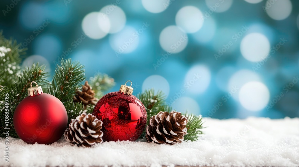 Festive arrangement of red ornaments and pine cones surrounded by green foliage on snowy table with vibrant blue bokeh backdrop. Festive arrangement of red ornaments and pine cones surrounded by green foliage on snowy table with vibrant blue bokeh backdrop.