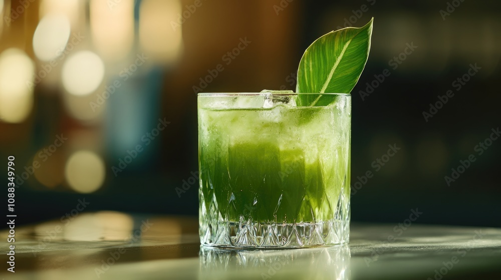 Refreshing green juice in a crystal glass, garnished with a vibrant green leaf, placed elegantly on a marble countertop with a blurred background. Refreshing green juice in a crystal glass, garnished with a vibrant green leaf, placed elegantly on a marble countertop with a blurred background.