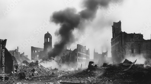 Desolate urban landscape filled with rubble and debris, smoky clouds billowing from bombed-out buildings contrasting the stark skyline.