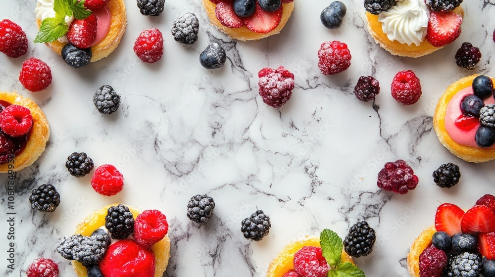 Delicious assortment of desserts and pastries adorned with fresh berries, artfully arranged on a sleek marble surface, showcasing vibrant colors and textures. Delicious assortment of desserts and pastries adorned with fresh berries, artfully arranged on a sleek marble surface, showcasing vibrant colors and textures.