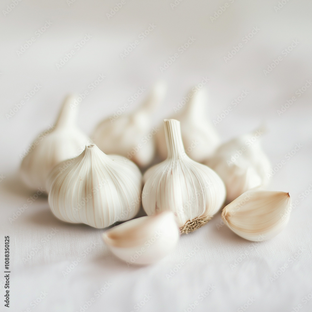 Whole garlic bulbs and cloves on a neutral background