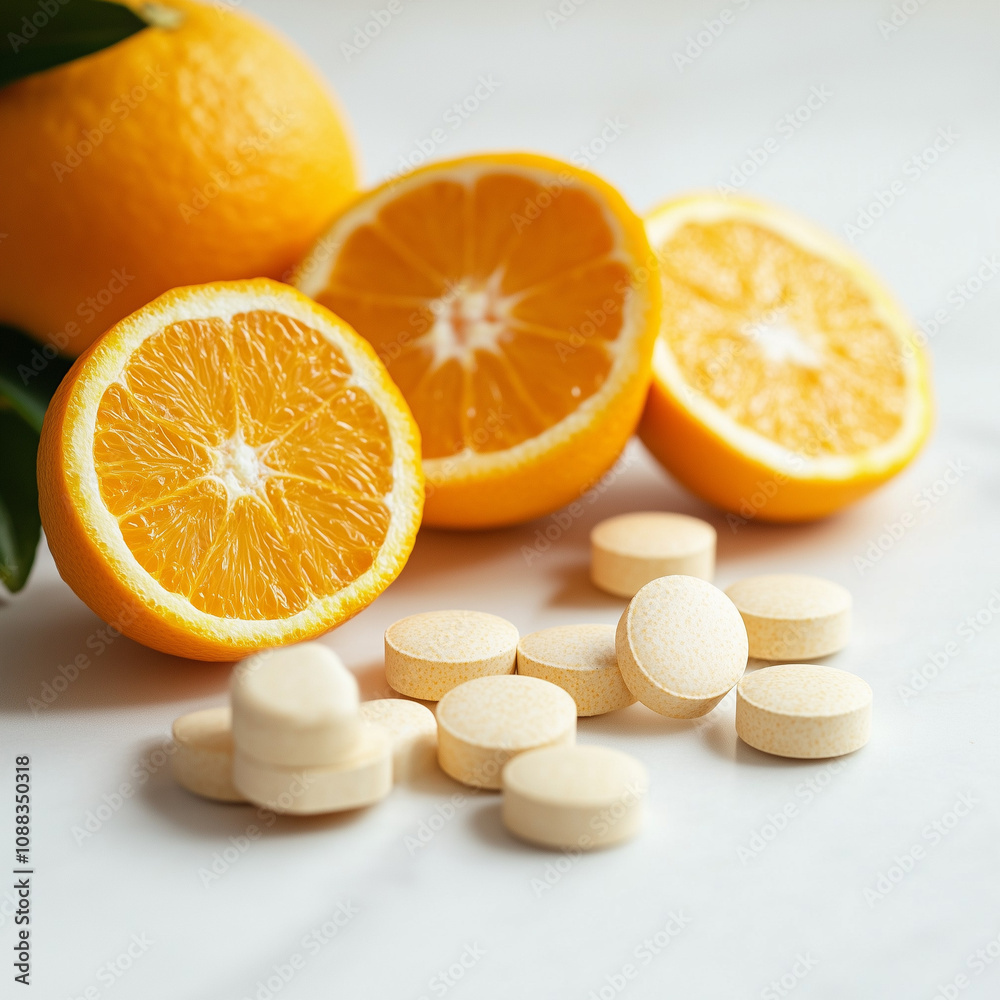 Fototapeta premium Orange slices and vitamin tablets on a white background