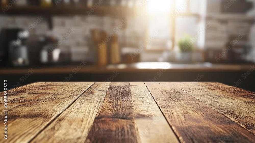 Rustic wooden tabletop in focus with a softly blurred kitchen countertop and warm sunlight illuminating the background, creating a cozy atmosphere.