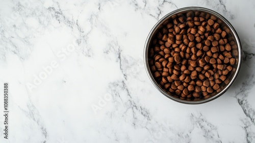 Steel bowl overflowing with dry pet food atop a polished marble surface, captured from an overhead perspective with ample blank space for text.