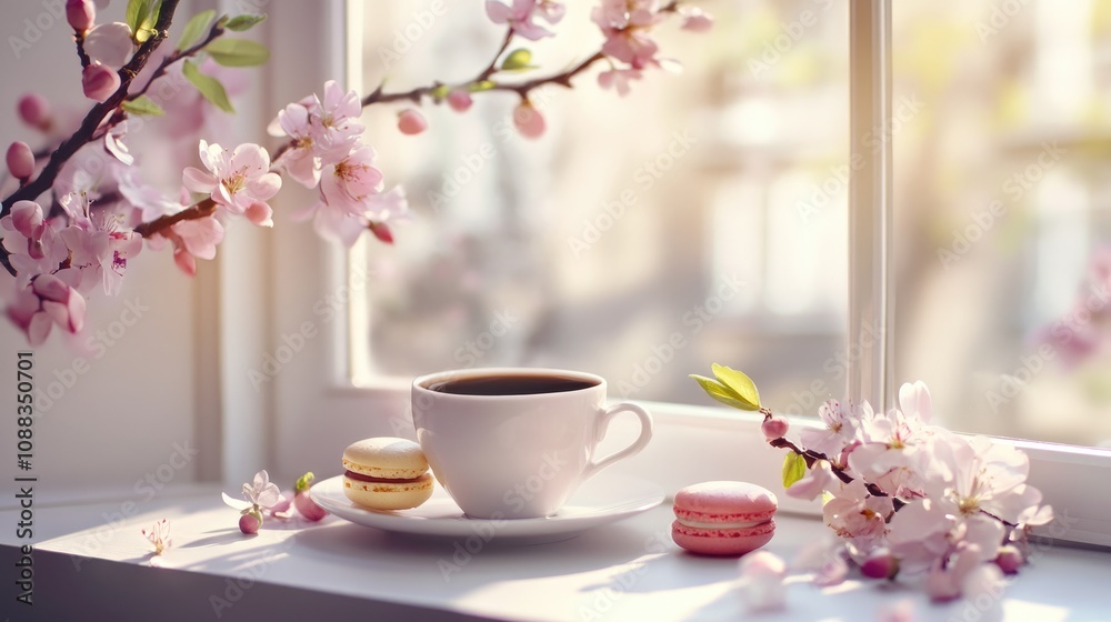 Coffee cup alongside colorful macarons on a sunlit windowsill, framed by delicate spring blossoms and soft natural light Coffee cup alongside colorful macarons on a sunlit windowsill, framed by delicate spring blossoms and soft natural light