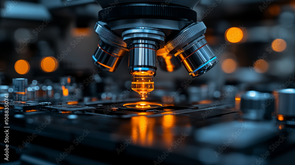 Scientific microscope with orange illumination Scientific microscope with orange illumination