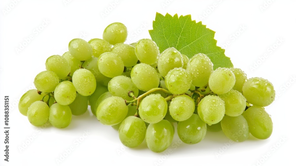 A bunch of crisp, green grapes still on the vine, Their freshness evident in every dew-kissed globe A bunch of crisp, green grapes still on the vine, Their freshness evident in every dew-kissed globe