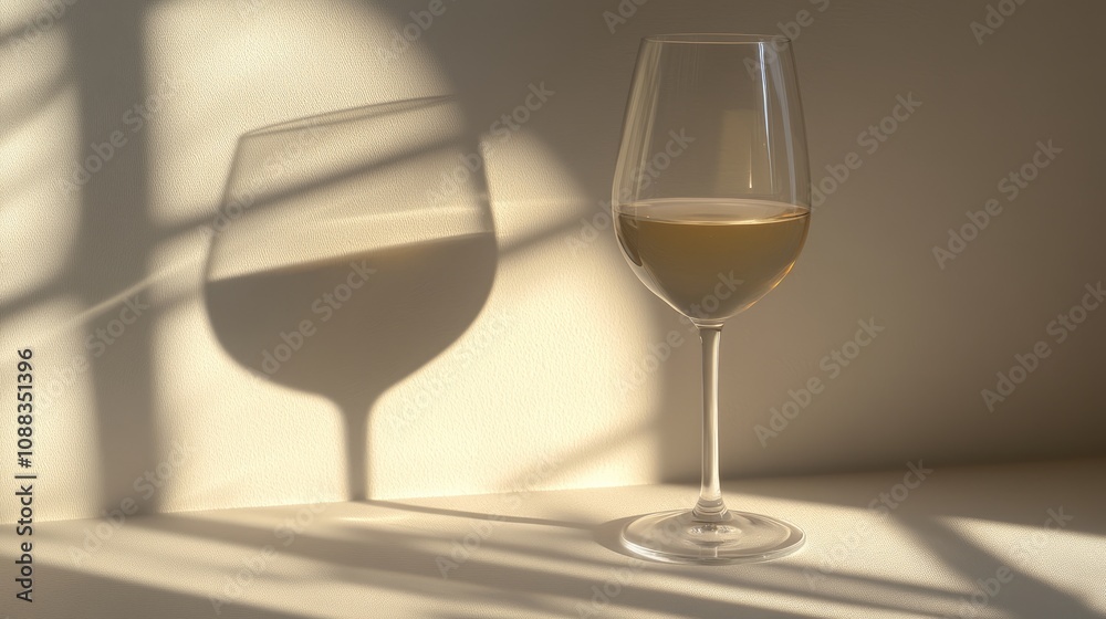 Elegant white wine glass illuminated by soft light, creating delicate shadows against a smooth, neutral background. Elegant white wine glass illuminated by soft light, creating delicate shadows against a smooth, neutral background.