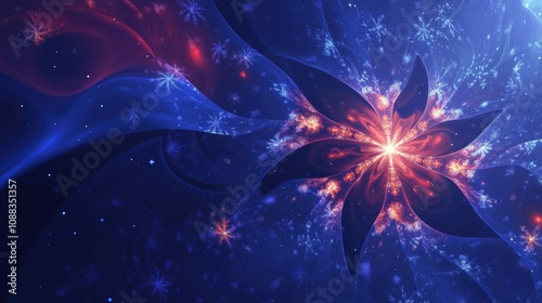 Wallpaper Mural Abstract Winter Holiday Design in Deep Blue and Red Tones with Central Floral Pattern, Sparkling Snowflakes, and Spacious Area for Text Enhancement and Advertising Use Torontodigital.ca