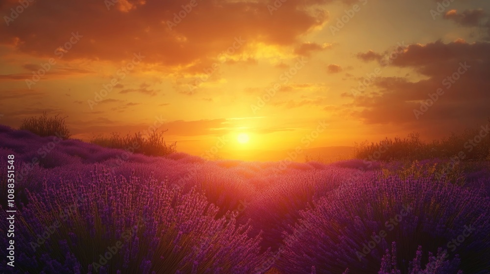 Vibrant summer sunset casting golden hues over a lush field of blooming lavender under a colorful sky filled with clouds. Vibrant summer sunset casting golden hues over a lush field of blooming lavender under a colorful sky filled with clouds.