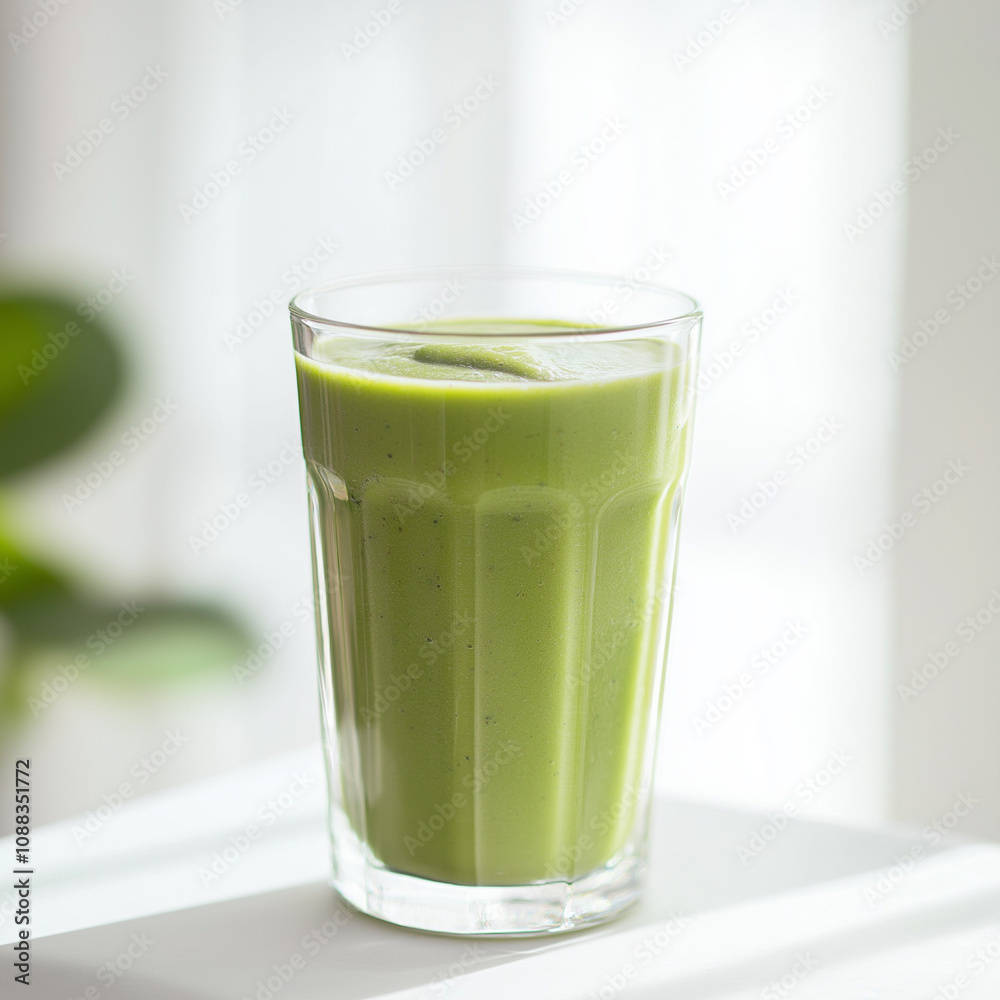 Green smoothie in a glass on bright surface Green smoothie in a glass on bright surface