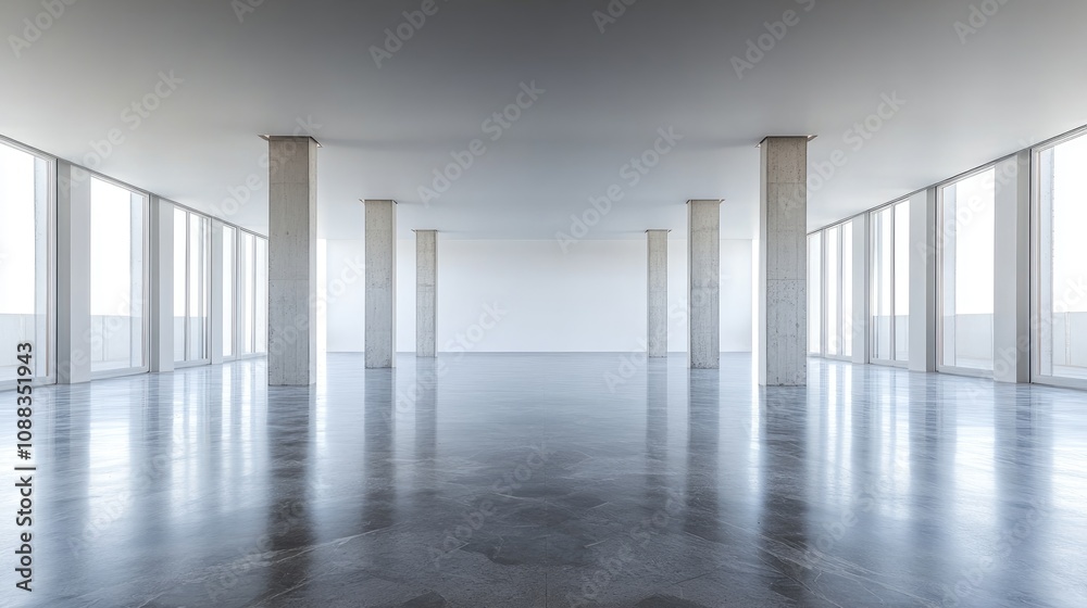 Fototapeta premium Expansive interior with polished concrete marble flooring and tall white pillars, framed by large windows, creating a bright and open atmosphere.