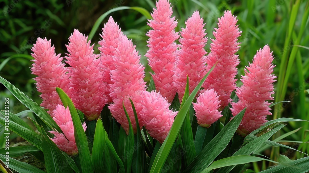 Vibrant clusters of pink ornamental ginger flowers surrounded by lush green foliage in a sunny field setting. Vibrant clusters of pink ornamental ginger flowers surrounded by lush green foliage in a sunny field setting.