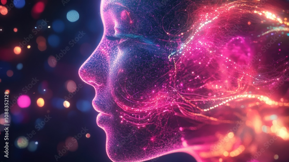 Vibrant depiction of a digital face, infused with colorful lights and neural network patterns, set against a dynamic, luminous background. Vibrant depiction of a digital face, infused with colorful lights and neural network patterns, set against a dynamic, luminous background.
