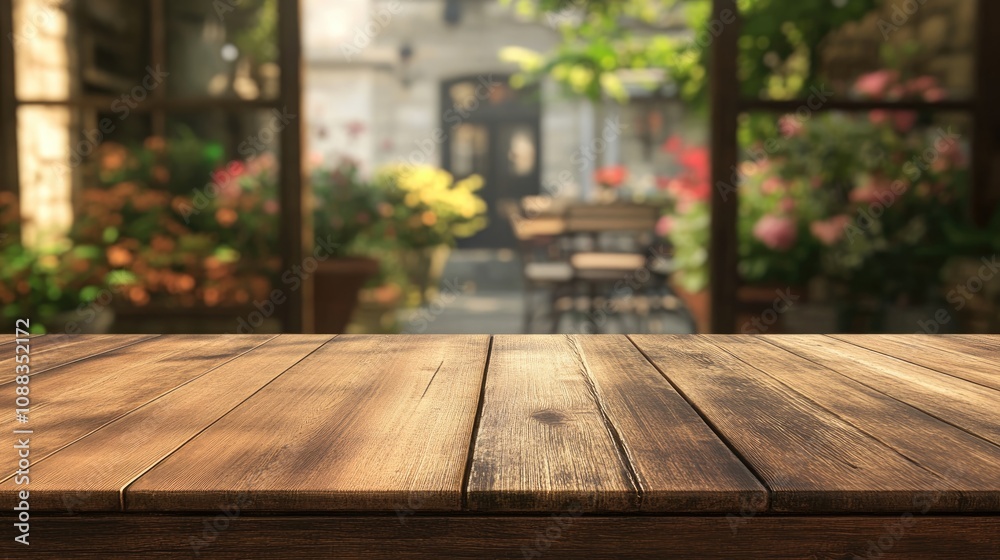 Wooden tabletop in focus with a blurred cafe background featuring vibrant flowers and outdoor seating, creating an inviting dining atmosphere. Wooden tabletop in focus with a blurred cafe background featuring vibrant flowers and outdoor seating, creating an inviting dining atmosphere.