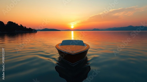 Electric boat cruising calmly on serene waters at sunset, surrounded by gentle waves and a colorful sky reflecting the day's end. photo