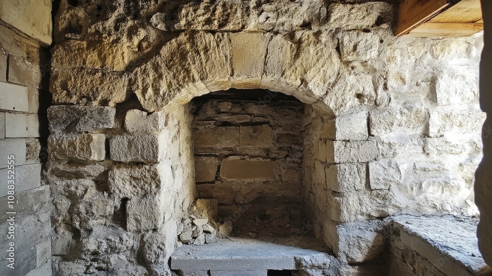 Restored historic stone structure featuring refurbished masonry work, showcasing an ancient alcove with textured stones and rustic charm. Restored historic stone structure featuring refurbished masonry work, showcasing an ancient alcove with textured stones and rustic charm.