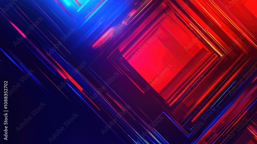 Fototapeta premium Vibrant geometric background with dynamic red and blue intersecting lines and shapes, creating an art deco-inspired pattern, ideal for design and digital media use, abstract art.