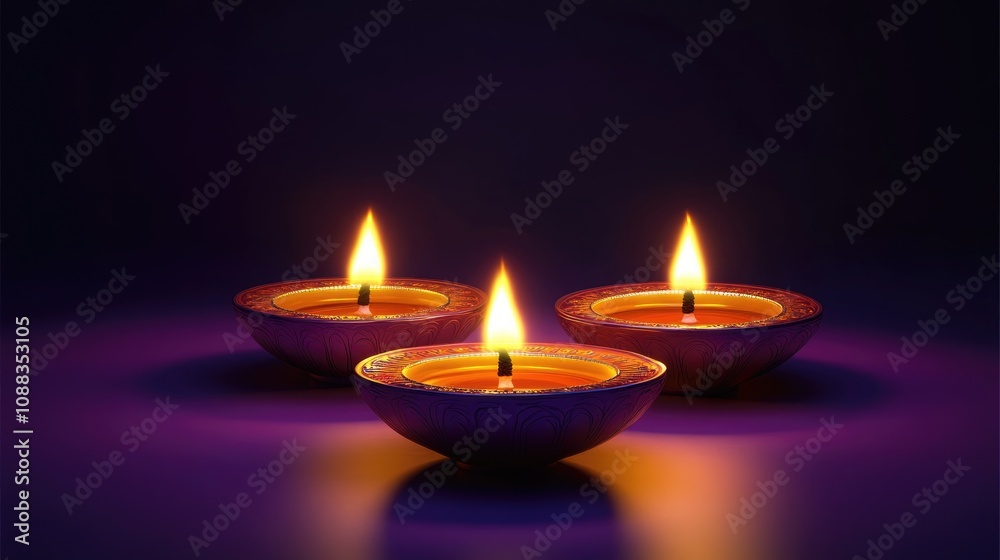 Vibrant oil lamps glowing against a dark purple backdrop, symbolizing the festival of lights with traditional Indian Rangoli design elements. Vibrant oil lamps glowing against a dark purple backdrop, symbolizing the festival of lights with traditional Indian Rangoli design elements.