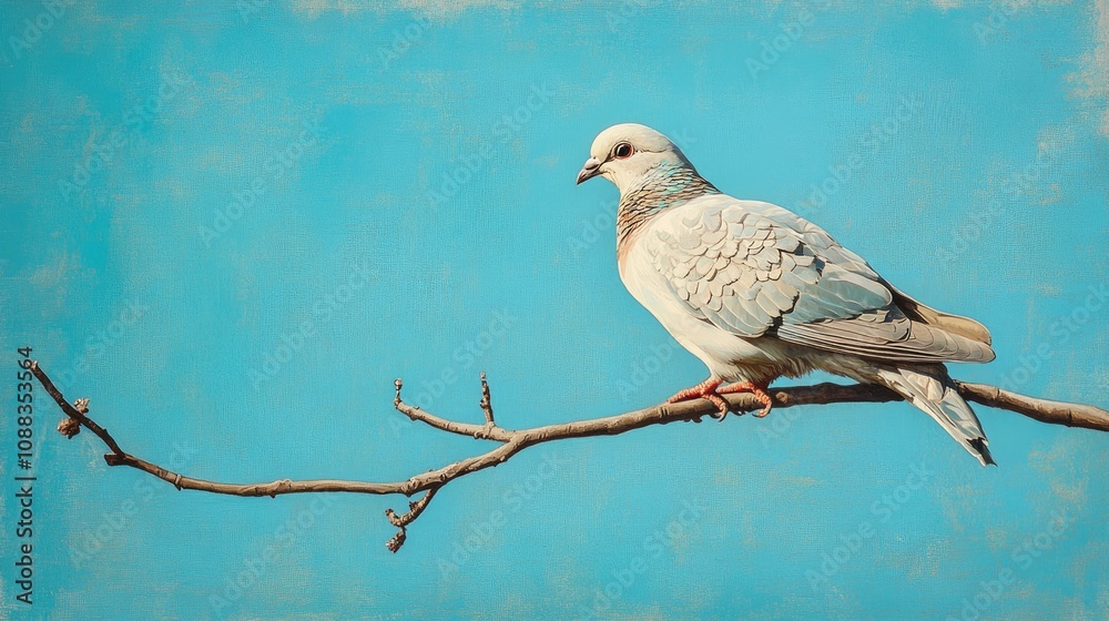 Dove perched on a slender branch against a vibrant blue sky, showcasing its elegant plumage and tranquil demeanor. Dove perched on a slender branch against a vibrant blue sky, showcasing its elegant plumage and tranquil demeanor.