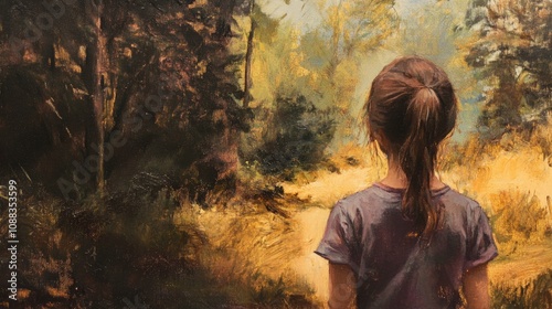 Young girl gazing at a serene forest landscape, surrounded by lush greenery and warm sunlight filtering through the trees.