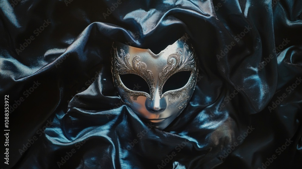 Naklejka premium Intricately designed carnival mask resting on luxurious black silk fabric, highlighting elegant patterns and mysterious allure.
