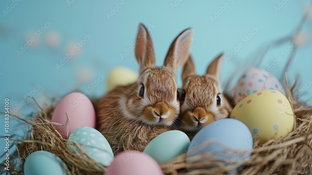 Two adorable bunnies cuddled in a nest of straw surrounded by pastel-colored Easter eggs on a soft blue background, celebrating spring joy. Two adorable bunnies cuddled in a nest of straw surrounded by pastel-colored Easter eggs on a soft blue background, celebrating spring joy.