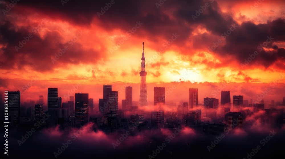 Sunset Skyline with Tower Amidst Dramatic Clouds and Vintage-Style Atmosphere in a Modern Cityscape